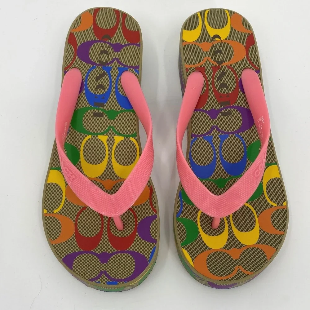 Coach Rainbow Logo Platform Flip Flops Sandals Pink Straps Women's Size 7 Spring
